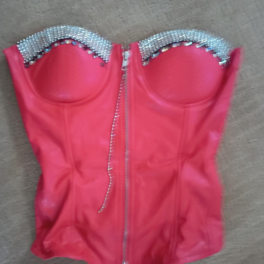 Red Strapless Corset with Silver Embellishments